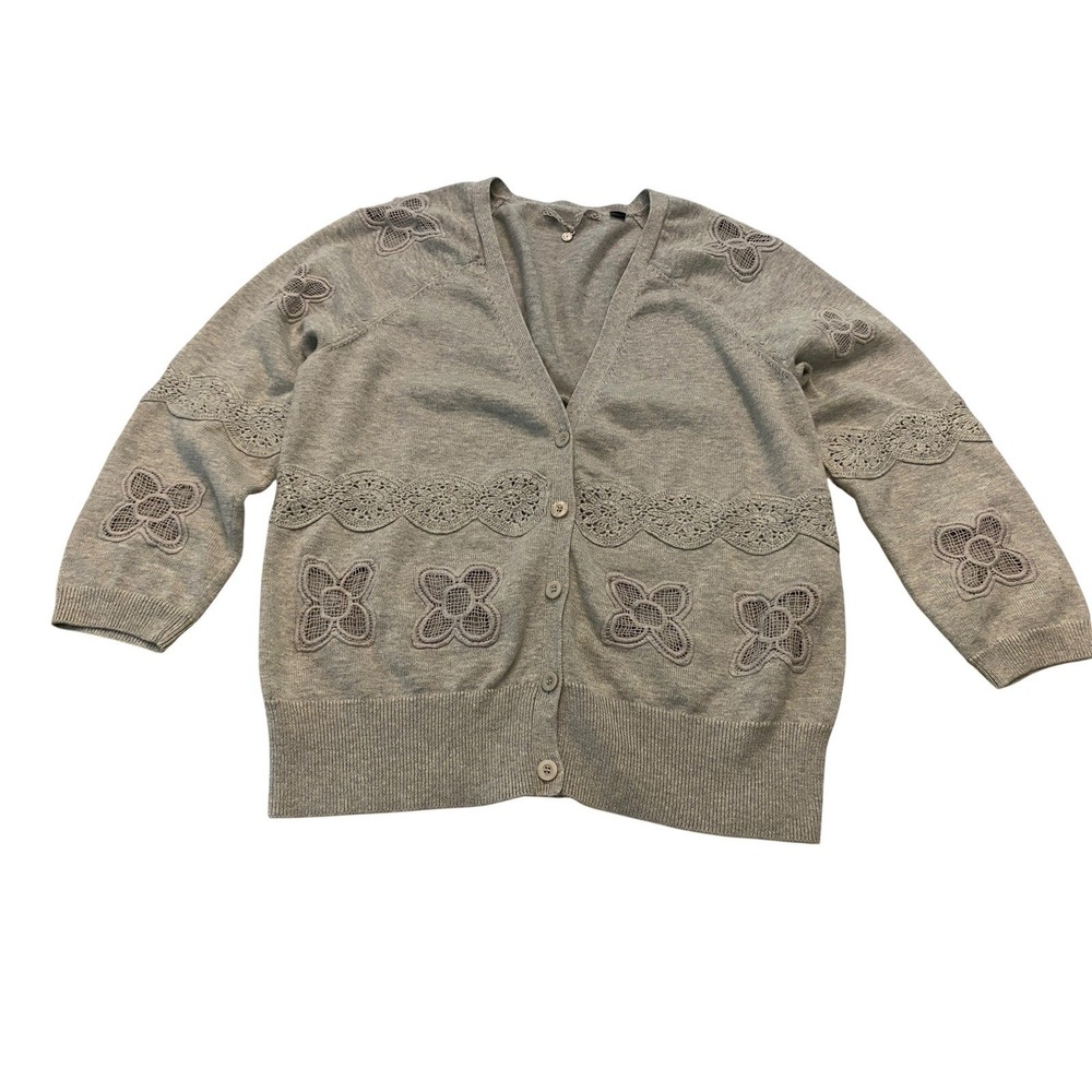 Knitted & Knotted Anthropologie Floral Crochet Lace Knit Cardigan Sweater Size L